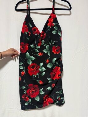 Fashion Nova Black Mini Dress with Red Rose Print